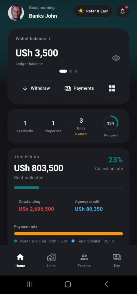 RentX landlord portfolio view with collection rate and occupancy