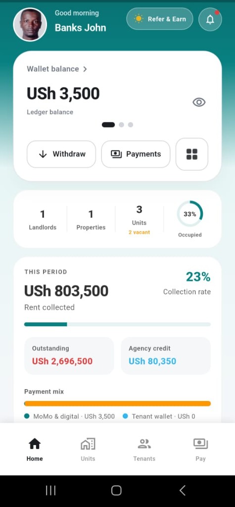 RentX PMA mobile collections dashboard