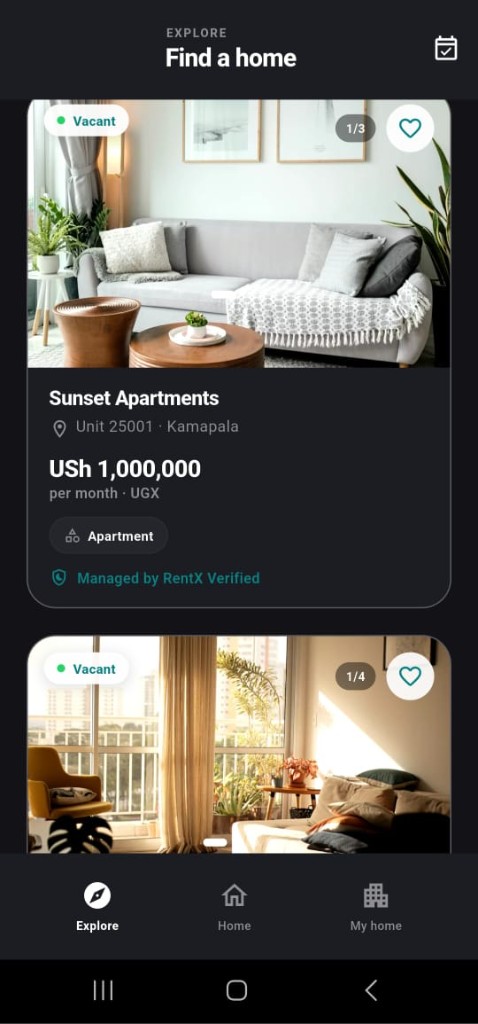 RentX Explore with verified apartment listings