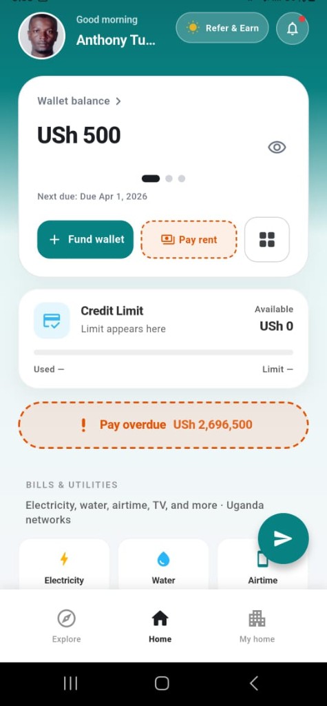 RentX tenant app showing wallet balance and pay rent